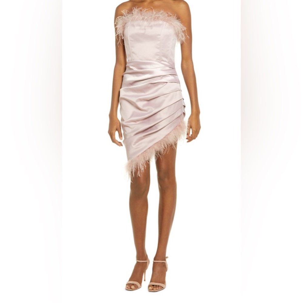 LAVISH ALICE Feather Detail Strapless Satin Dress in Rose Size US 6